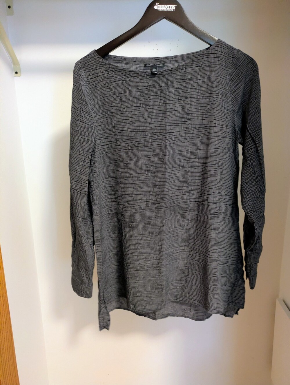Eileen Fisher Silk Organic Cotton Grid Pattern Top Grey Size XS